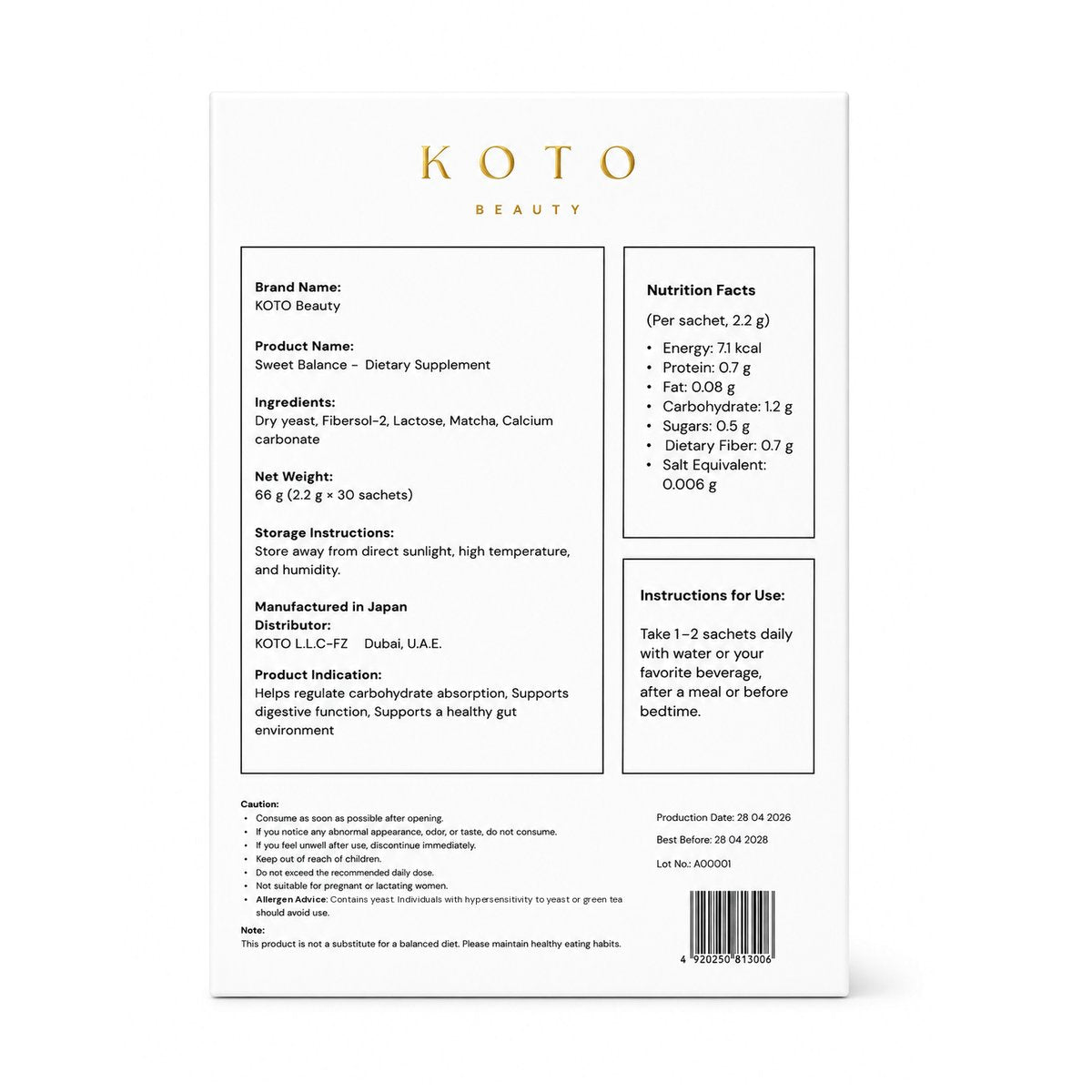 Back of the Sweet Balance box showing ingredients, nutrition facts and directions