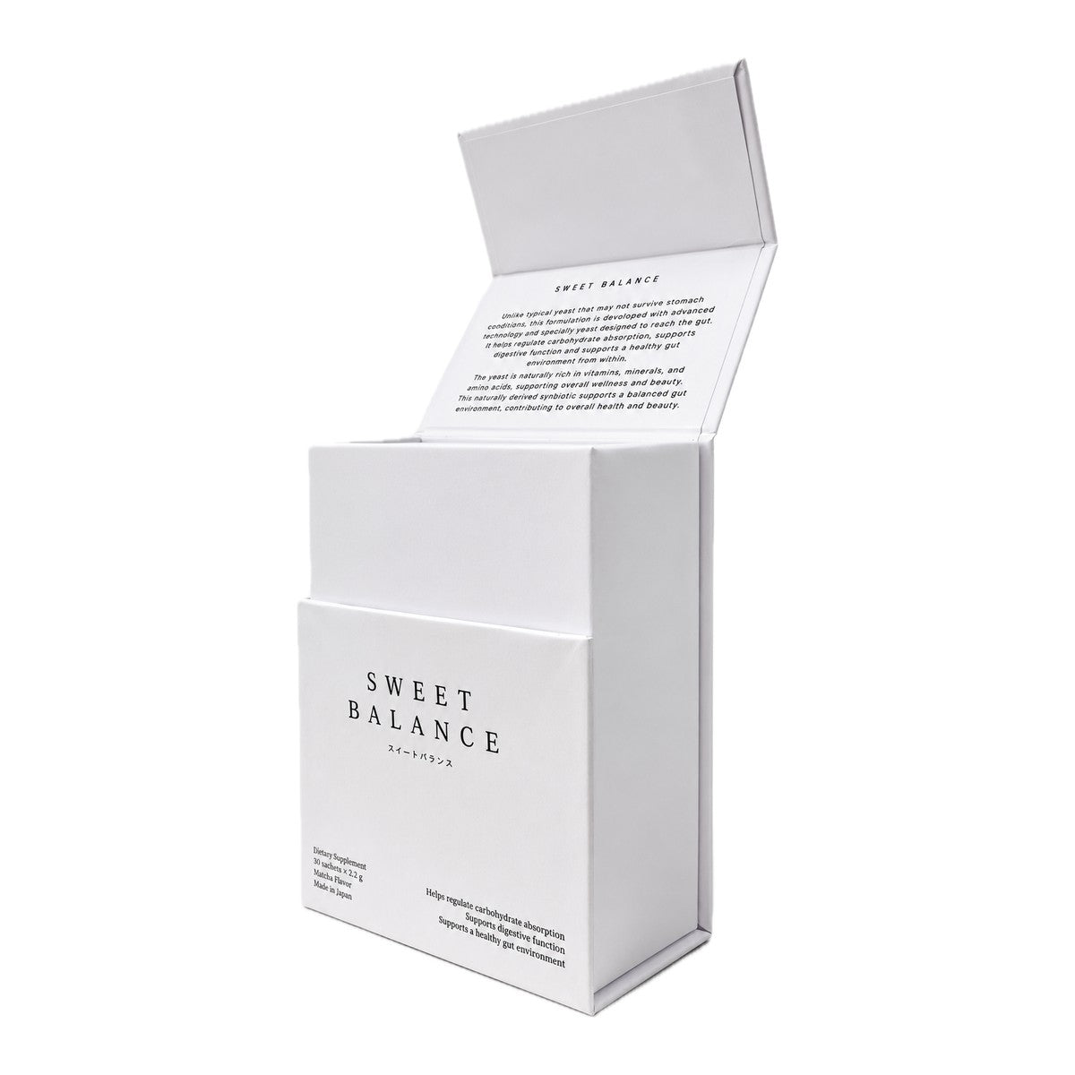 Sweet Balance box with the lid open, angled view