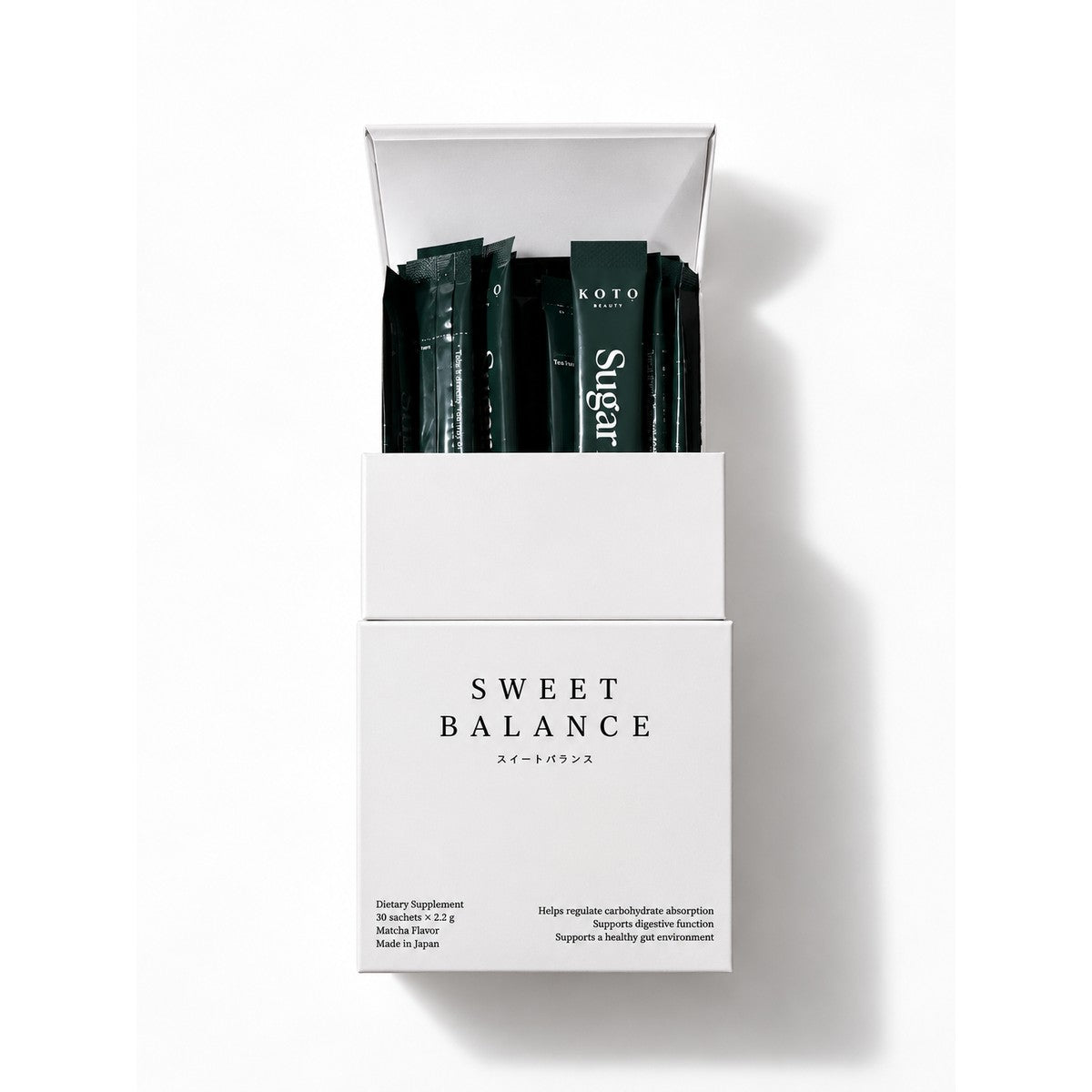 Open box of Sweet Balance showing individual matcha supplement sachets
