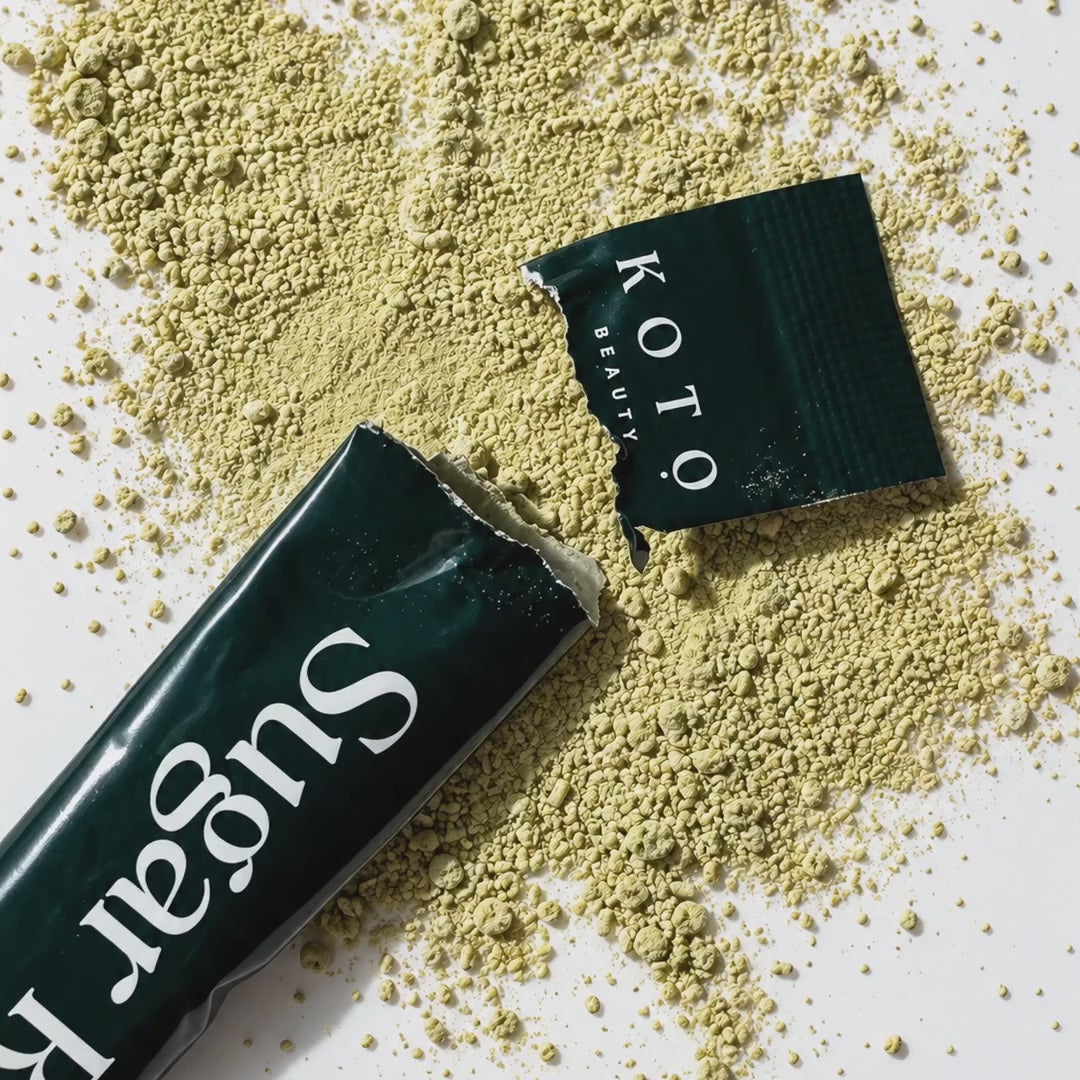 Opened Sweet Balance sachet with the matcha-flavoured powder